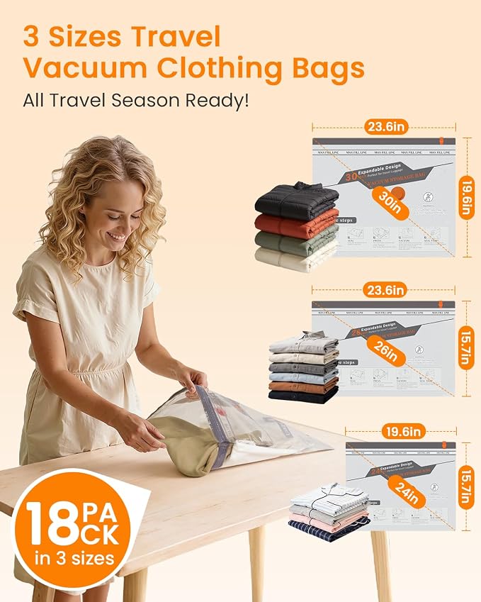 Vacuum Seal Bags for Clothing Travel with Rechargeable Cordless Pump, 18 Pack Compression Space Saver Bags for Packing, Luggage and Seasonal Storage - Image 2
