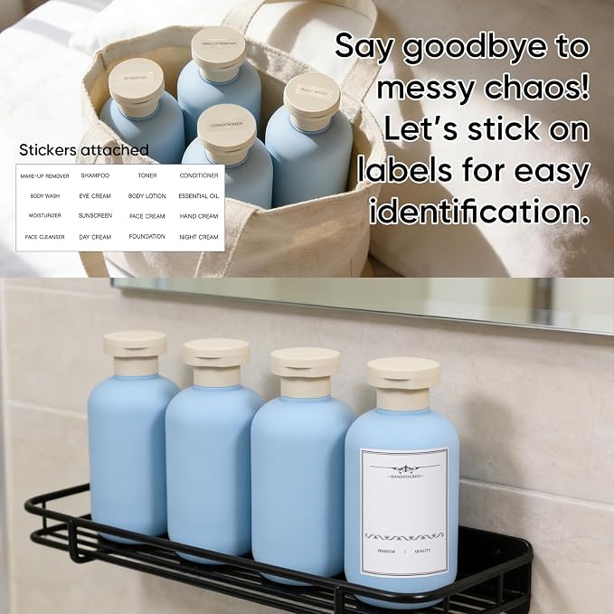 DEMORA 6.6oz Travel Bottles for Toiletries, Larger Plastic Travel Squeeze Bottles Leak Proof Refillable Toiletry Containers with Flip Caps and Labels for Shampoo Conditioner Lotion (Blue, 4 Pcs) - Image 4