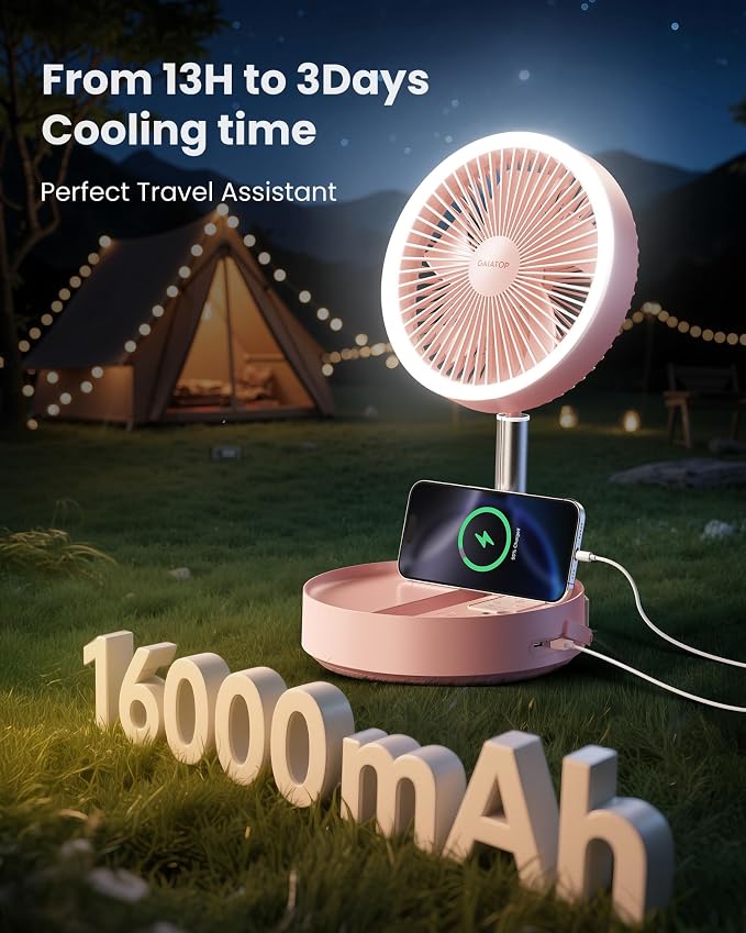 Gaiatop Portable Pedestal Fan 16000mAh Battery [Max 74h Runtime], Foldable Oscillating Standing Fan, Collapsible Desk Fans, LED Light, Case & Remote Control, 4 Speeds for Outdoor Travel Camping (Pink) - Image 2