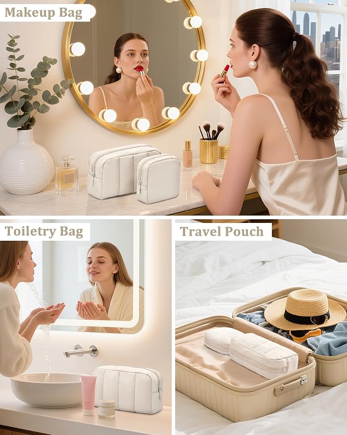 2 Pcs Makeup Bag Travel Toiletry Bag for Women Puffy Padded Cosmetic Pouch Purse Wide-open Makeup Organizer Case Travel Essentials - Image 6