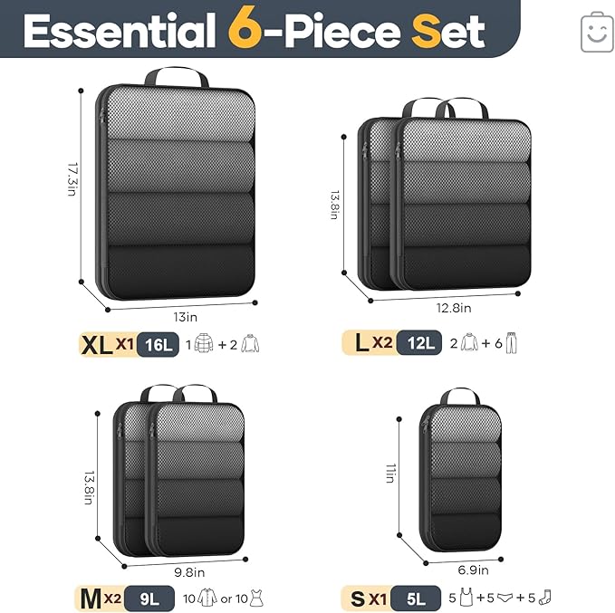 Veken 6/9/11 Set Compression Packing Cubes Garment Bags for Travel Essentials,Compressible Expandable Luggage Organizer Bags for Clothing,Space Saver Bags with Over 1000 pcs of Mesh Holes(Black) - Image 2