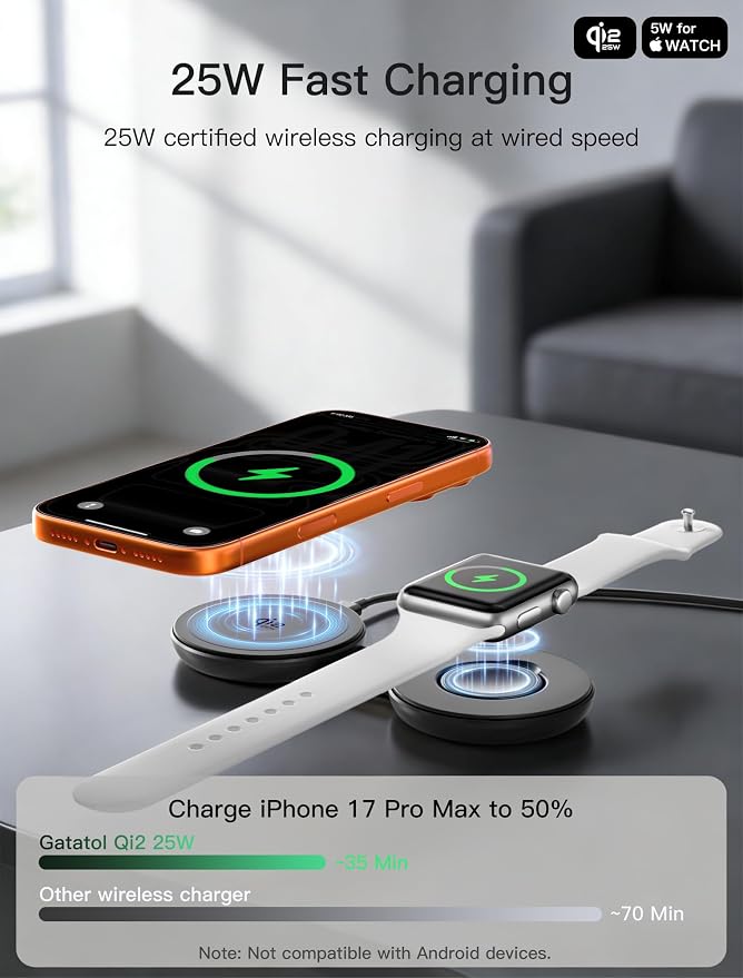 2 in 1 Magnetic Wireless Charger, Qi2 25W Fast Charging Travel Station Pad Compatible with MagSafe for iPhone Air/17/16/15/14/13/12, 5W for Apple Watch, AirPods 4/3/2/Pro with 30W Adapter (Black) - Image 2