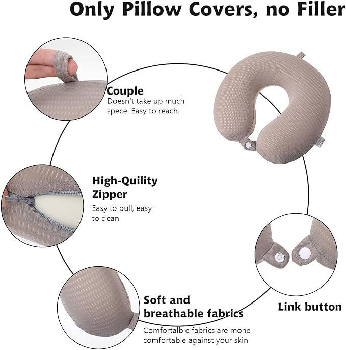 Neck Pillow Replacement Cover Travel U Neck Silk Pillow Case Cover Travel Neck Pillow Cover Pillow, 13.39‘’ U Shaped Neck Pillow Washable Cover, Airplane Pillow (Only Pillow Covers, no Filler)(Grey) - Image 5