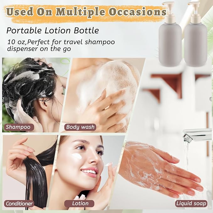 6 Pcs 10 oz Soft Plastic Bottles with Press Pump,Empty Refillable Travel Shampoo Dispenser Container for Hand Soap,Shampoo,Lotion,Body Wash,Conditioner,Silicone Funnel Included (Grey) - Image 6