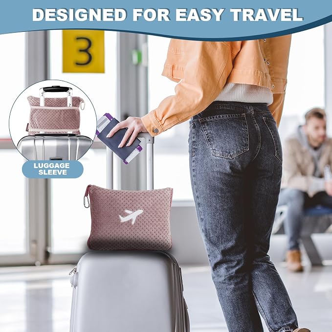 3 in 1 Travel Pillow and Blanket Set - 280 GSM Travel Blanket Airplane Compact with Bag, Inflatable Travel Pillow, Packable Airplane Blanket, Luggage Sleeve & Backpack Clip (Pink) - Image 4