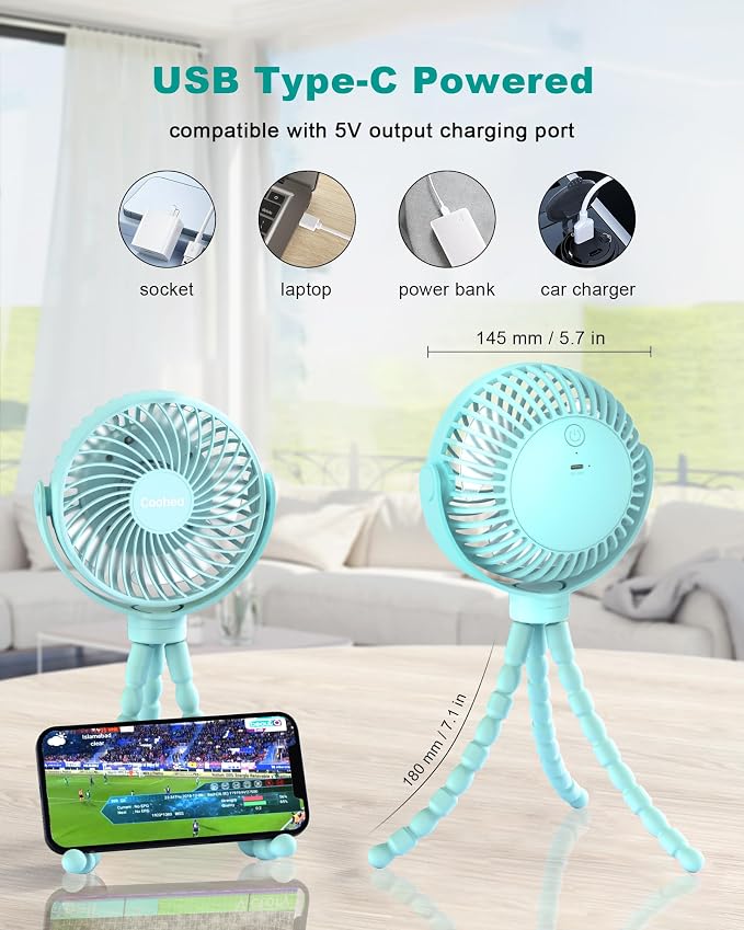 Coohea Clip on Stroller Fan, Rechargeable Long-Lasting Power Wind Fan, Blue | 4000mAh Battery Operated, 360° Rotatable Flexible Tripod, 3 Adjustable Speed, Portable Fan for Car Crib Backseat Beach Travel - Image 6