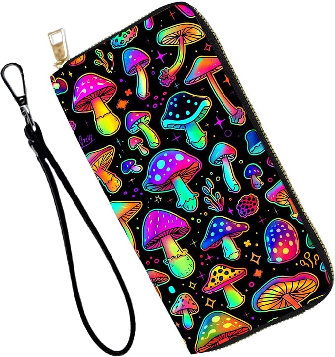 Women's RFID Blocking PU Leather Zip-Around Wallet, Large Capacity Clutch with Phone Holder, Travel Purse & Card Organizer with Removable Wristlet,Cute Colorful Mushroom by Unknown