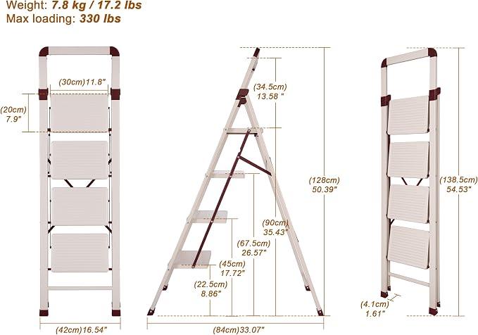 Step Ladder 4-Step White Finish Folding Ladders | Anti-slip Sturdy Foldable Ladder Step Stool for Kitchen Home Office Libaray - Image 2