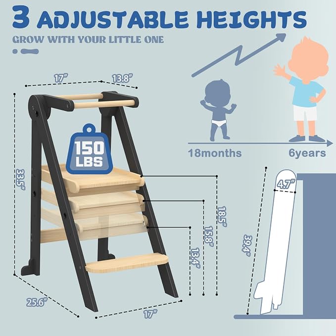 Foldable Toddler Kitchen Stool Helper with 3 Adjustable Heights,Aged 1-6 | CPSC Test,Wooden Collapsible Toddler Tower with Safety Rails&Feet,Wide Pedal,for Kitchen Cooking, Baking or Washing Hands - Image 5