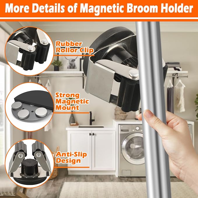4 Pack Magnetic Mop Broom Holder, Heavy Duty Magnetic Mop Hanger for Refrigerators, Magnetic Mount Mop Broom Holder for Laundry Room Garage Kitchen Workshops Metal Shed - Image 5