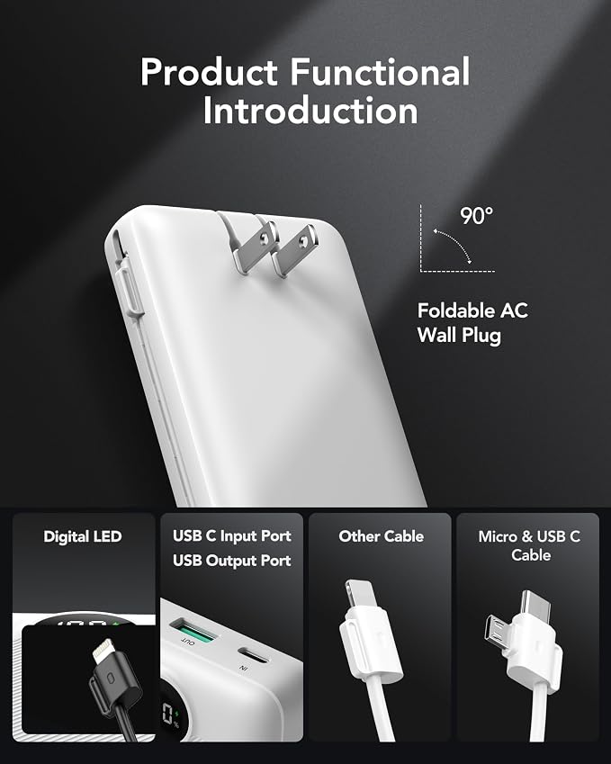 VRURC Power Bank 20000mAh, Fast Charging Portable Charger USB C,4 Output 2 Input Travel Essentials Charging Bank Equipped with LED Display,Built-in Wall Plug and Cables,Phone Charger Battery,White - Image 2