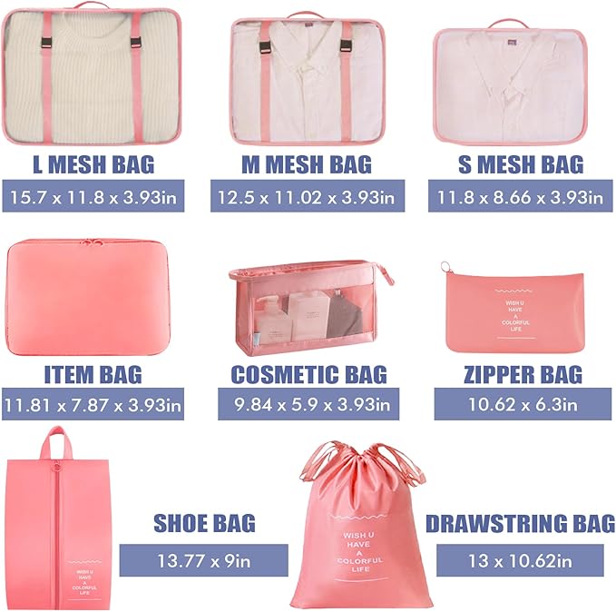 8 Set Packing Cubes for Suitcases, INVODA Travel Luggage Packing Organizers with Laundry Bag, Compression Storage Shoe Bag, Clothing Underwear Bag (Pink) - Image 2