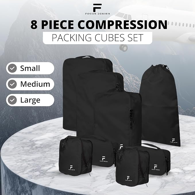 8 Piece Compression Packing Cubes Set - Double Capacity Design for Travel - Small, Medium & Large Sizes - Carry-On Suitcase Organizer Bags (Black) - Image 5