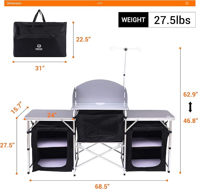 Nice C Camping Kitchen Table, Folding Cook Table, Cook Station (Silver) | Portable Grill Table, Upgraded Light Stand, Windshield, 3 Organizers, Carry Bag, Grill, Outdoor, Beach, BBQ, Picnic, Cooking - Image 2