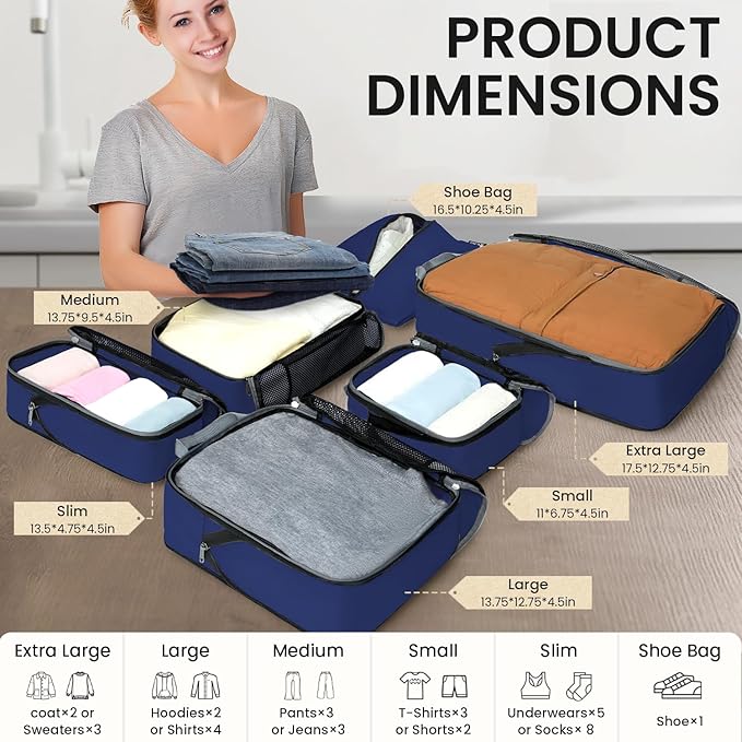 BAGAIL 4 Set/6 Set/8 Set Compression Packing Cubes Travel Accessories Expandable Packing Organizers (Half Mesh, 6-Navy) - Image 2