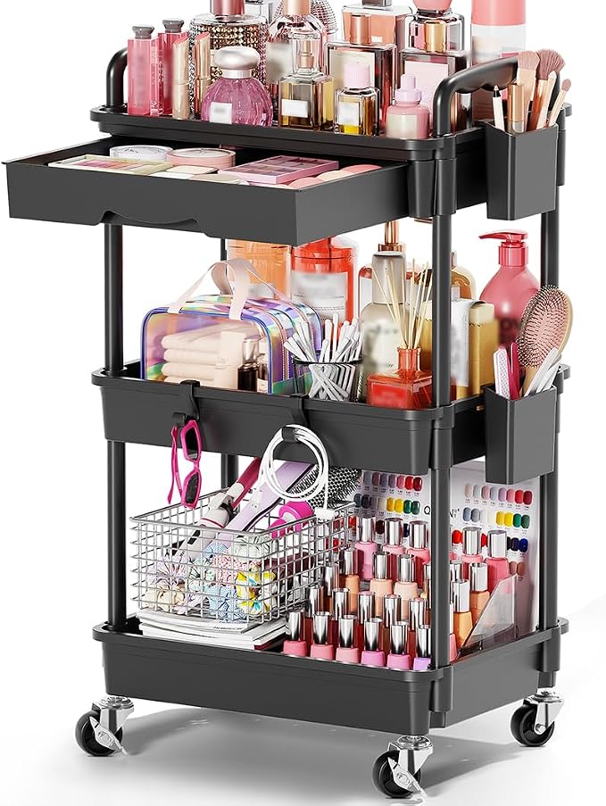 Goovilla Rolling Makeup Organizer Cart with Removable Drawer, 3 Tier Black | Stable Floor Skincare Storage Cart for Vanity, Cosmetic Display, Nail Polish, Perfume, Hair Stuff, Beauty, Bathroom(Plastic) by Goovilla
