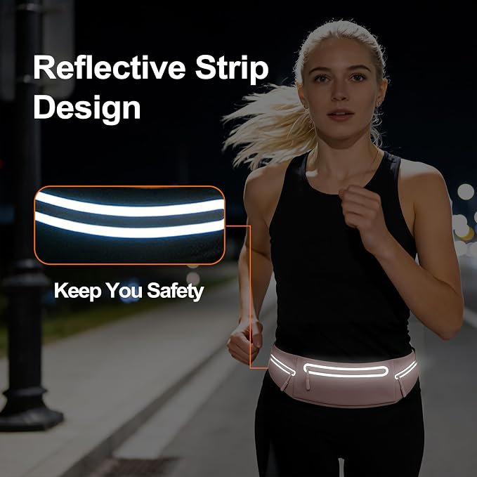 Slim Running Belt for Women Men,Phone Holder Waist Pack,Runners Fanny Pack | No-Bounce,Sweat-Proof Pocket,Travel Money Pouch for Gym/Hiking/Cycling,Three pocket,Two Highly Reflective Strips - Image 6