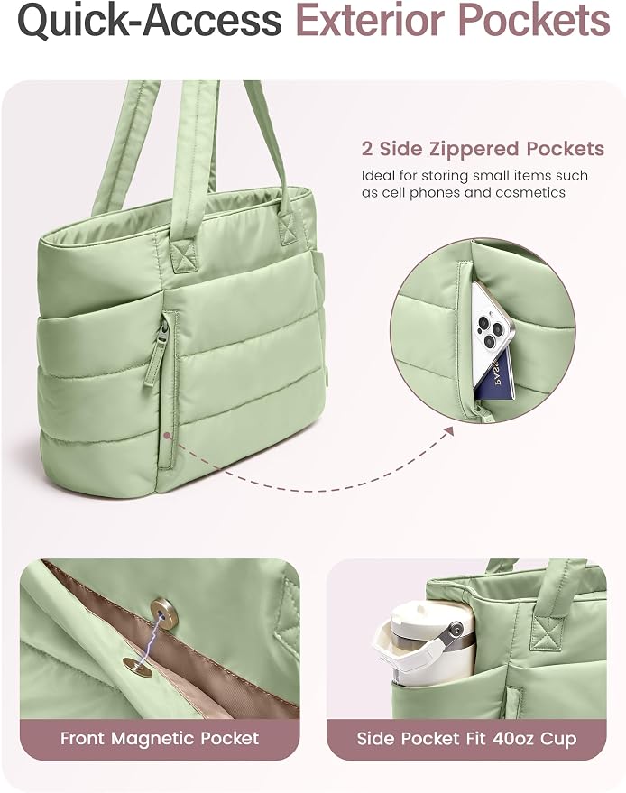 Uselike Tote Bag for Women with Zipper, Quilted Puffer Tote Bag with Compartments, Lightweight Puffy Work Bags for Women - Image 4