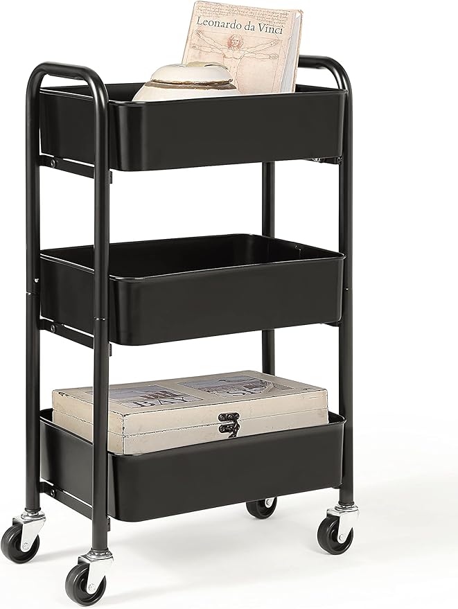 SunnyPoint 3-Tier Delicate Compact Rolling Metal Storage Organizer - Mobile Utility Cart Kitchen/Under Desk Cart with Caster Wheels - BLK (15.35" X 10.24" X 26.8"H) by SunnyPoint