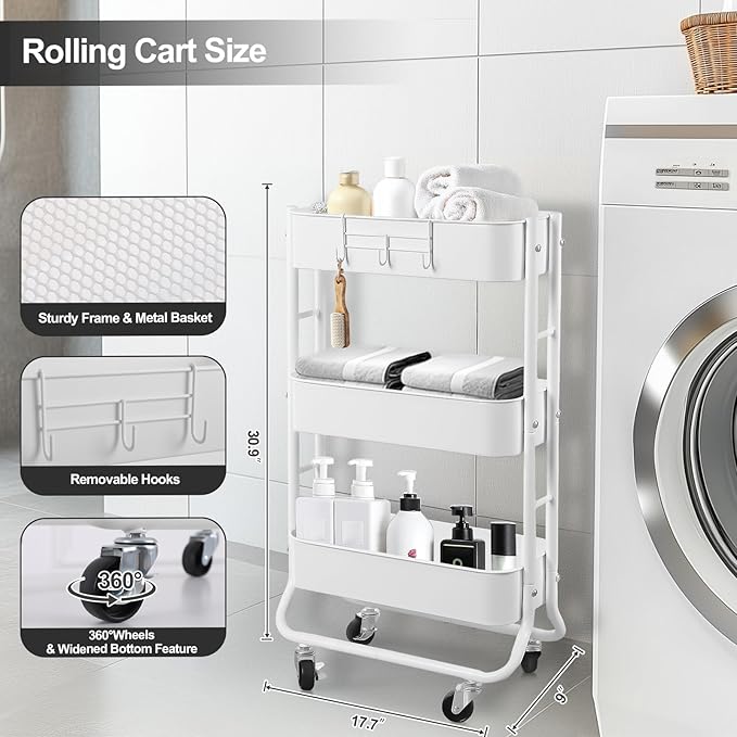 MAX Houser Slim 3-Tier Rolling Utility Cart with Extra Hook, White | Narrow Metal Bathroom Storage Multifunctional Organizer Carts with Wheels with Extra Hook, Laundry Room,Kitchen,Small Space - Image 2