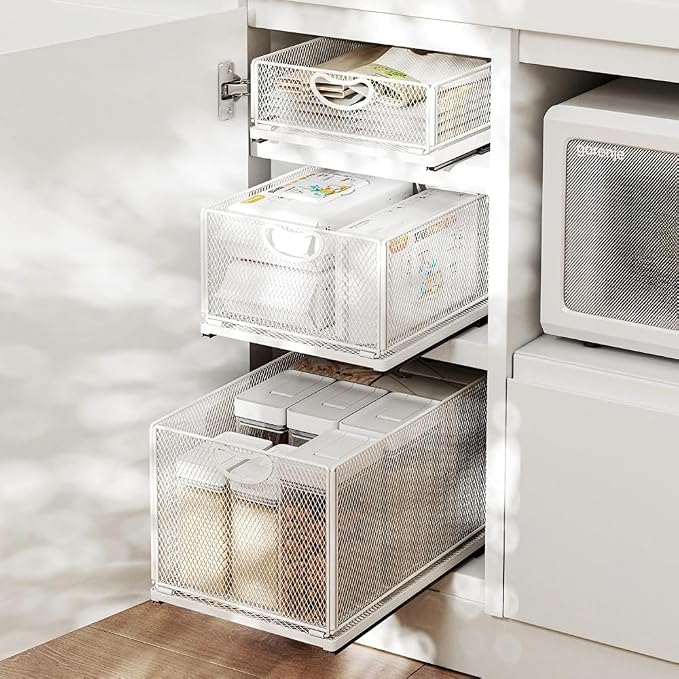 2 Pack Pull Out Cabinet Organizer, No Drill Adhesive Sliding Drawers for Kitchen, Metal Mesh Wire Storage Shelf for Pantry & Under Sink, White (9.6" W x 11.8" D x 8.4" H) - Image 8
