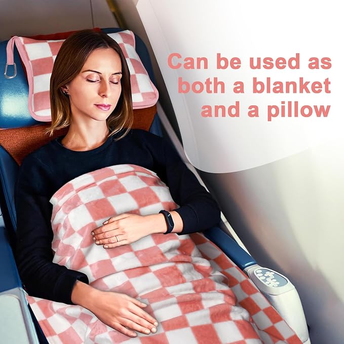 Travel Blanket and Pillow Compact, Premium Soft 2 in 1 Airplane Blanket with Soft Bag Pillowcase，Hand Luggage Sleeve and Backpack Clip (Ckeckered Pink) - Image 6