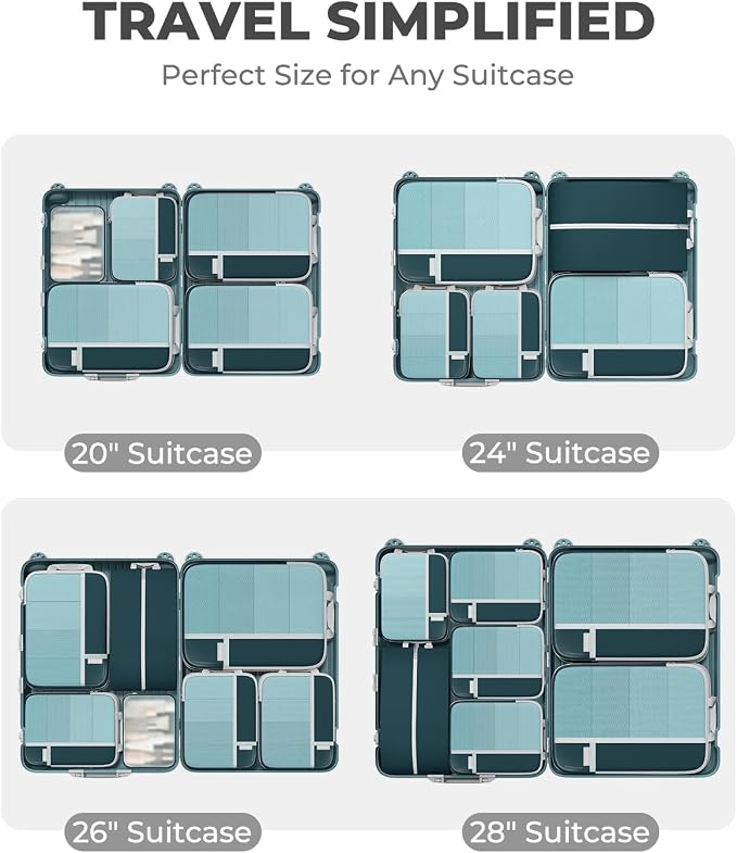 Percover Compression Packing Cubes for Travel, 8-Piece Structured Compression Organizer Set with Laundry Bag & Shoe Bag for Carry-On & Checked Luggage, Peacock Green - Image 6