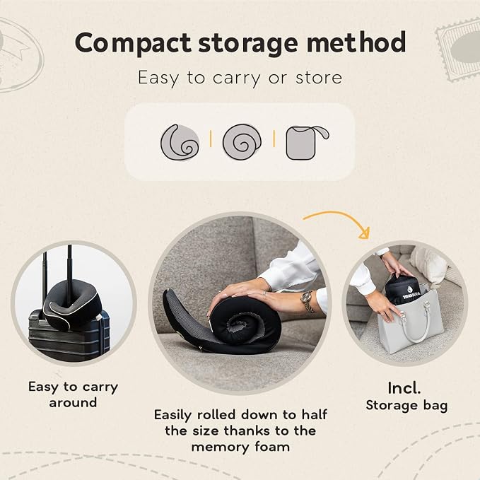 Neck Pillow Airplane - Travel Pillow - Comfortable and Ergonomic Memory Foam - Airplane Pillow with 360° Head & Neck Support - Black - Image 6