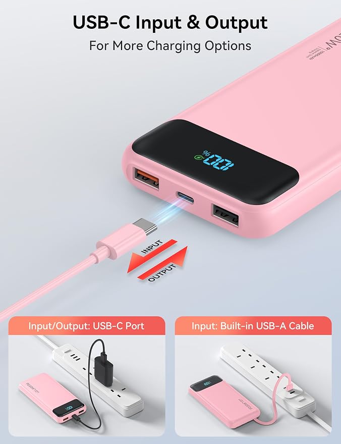 Nusyddy Portable Charger 10000mAh 22.5W w/4 Built-in Cables/6 Outputs Pink | 22.5W Fast Charging, LED Display, Pass Through Charging, Charge 6 Devices at once, TSA Approved, Fits iPhone, iPad, Samsung - Image 6