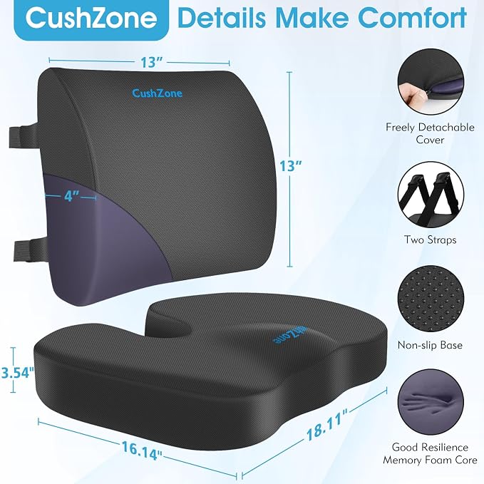 CushZone X-Large Seat Cushion and Lumbar Support Pillow for Office, Grey | Thick Memory Foam for Sciatica Pain Relief & Posture Correction, Non-Slip Chair Cushions for Car, Wheelchair and Travel - Image 6