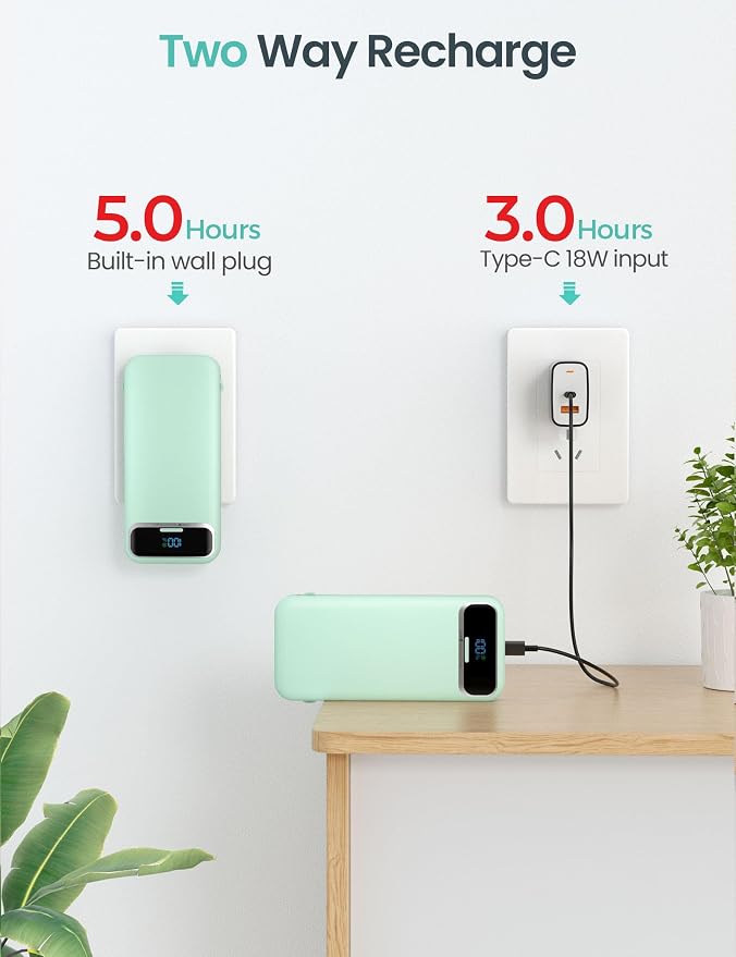 aonidi Portable Charger 12000mAh with Built-in Cables&AC Wall Plug, Green | PD20W USB C Fast Charging,LED Display External Travel Power Bank,TSA approved Battery Pack for All iPhone,Samsung,Android - Image 7