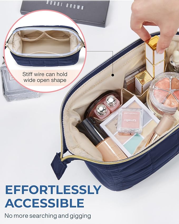 BAGSMART Makeup Bag Travel Toiletry Bag, Wide-open Zipper Pouch, Navy Blue | Puffy Padded, Travel Essentials, Make Up Bag, For Women, Makeup Organizer, Toiletries Accessories Brushes - Image 4