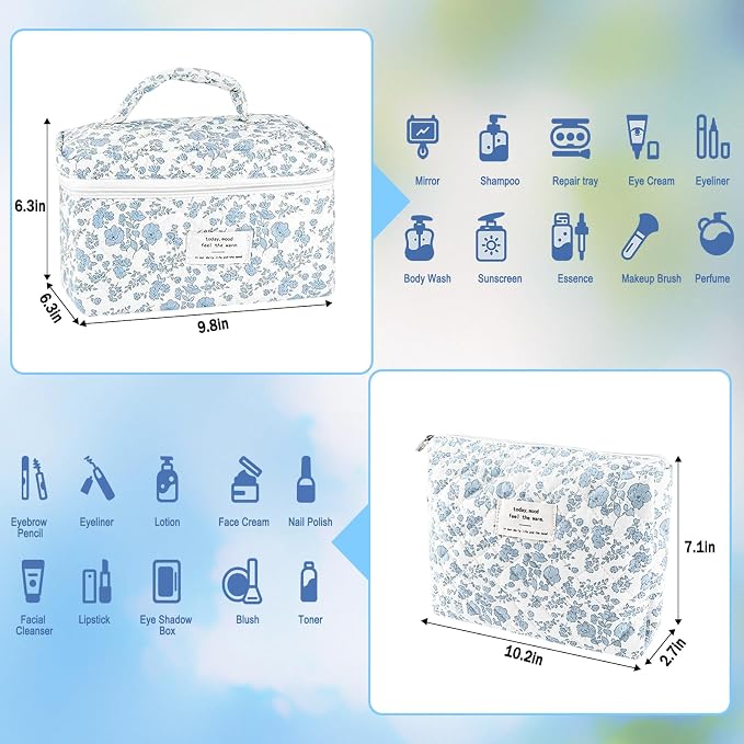 URSKYTOUS 2Pcs Cotton Quilted Makeup Bag for Women Extra Large Small Travel Cosmetic Bag Set Cute Blue Floral Print Makeup Pouch Portable Toiletry Bag Organizer Coquette Vintage Puffy Travel Essential - Image 2