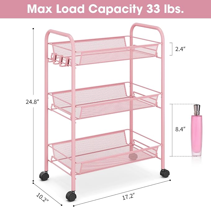 TOOLF 3 Tier Rolling Cart, Metal Utility Storage Cart with Wheels, Pink | 3 Hooks, Screwless Assembly, Trolley Organizer for Bathroom, Kitchen, Office, Nursery, Dorm, Laundry Room - Image 6