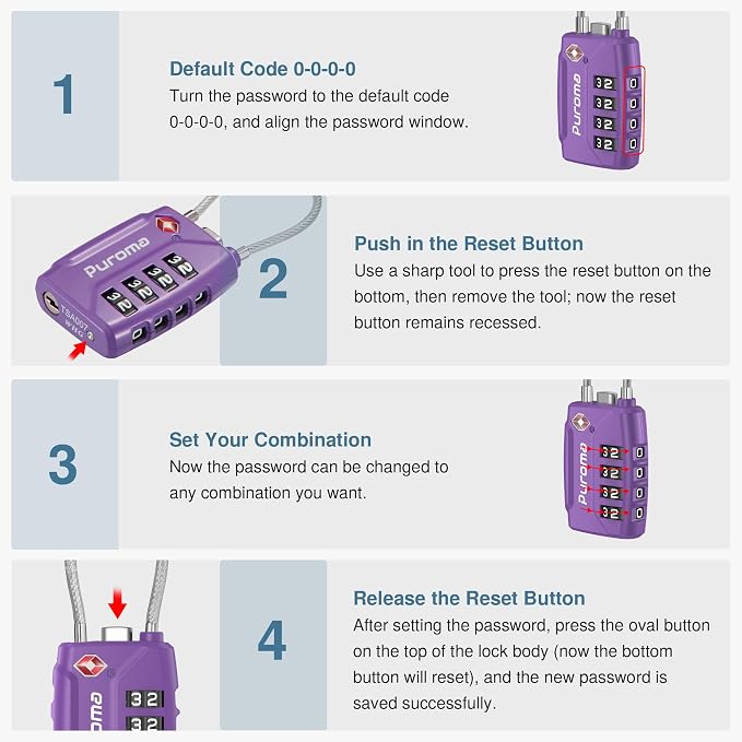 Puroma 2 TSA Approved Luggage Locks 4 Digit Code Cable Lock Purple Dark | Resettable, Flexible Cable, Zipper holes, Zinc Alloy, Bright Color, Large White Numbers, Suitcase Train Travel, laptop bag - Image 6