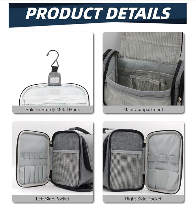 Buruis Hanging Toiletry Bag for Women and Men, Cosmetic Bag, Oxford Gray | Honeycomb Nylon Design, Large Capacity, Dual Zippers, Sturdy Hanging Hook, Full-Size Toiletry Storage, Cosmetic Essentials - Image 2