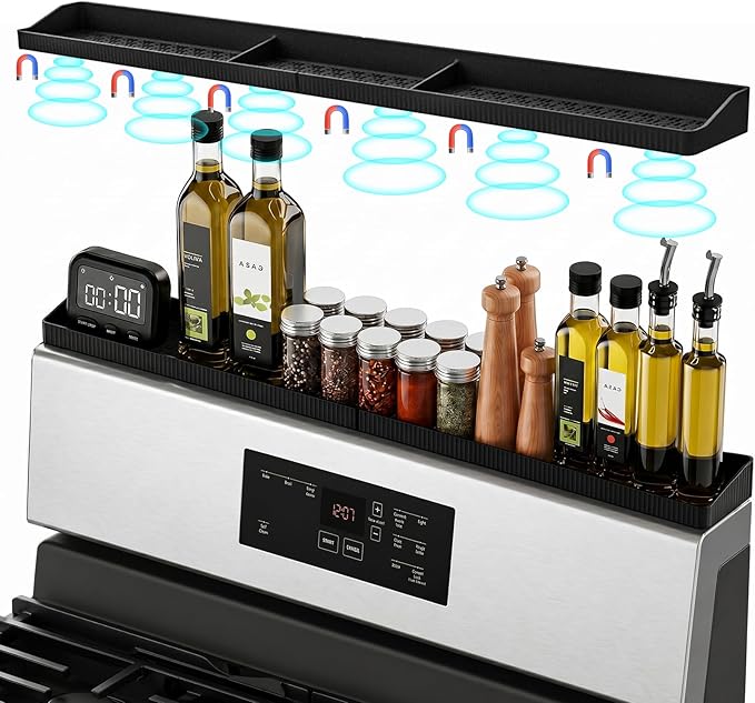 30" Magnetic Stove Top Shelf, Silicone Over the Stove Spice Rack Organizer | Heat Resistant Silicone, Anti-Rattle No-Scratch Range Shelf, 3 Functional Partitions Kitchen Storage for Spices by Foeacry