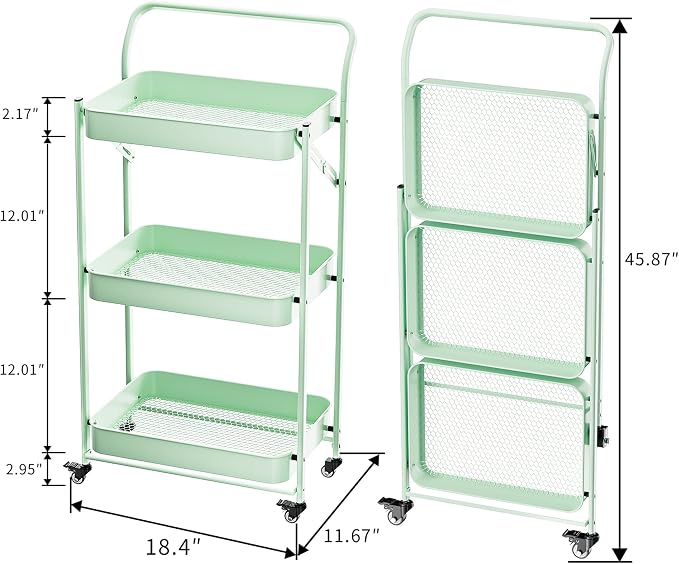 JAQ Foldable Rolling Cart, 3-Tier Metal Folding Storage Utility Carts Basket Rack Organizer with Handle on Wheels for Snacks Books Fruits for Kitchen Living Room Pantry Bathroom - (Green, 3-Layer) - Image 2