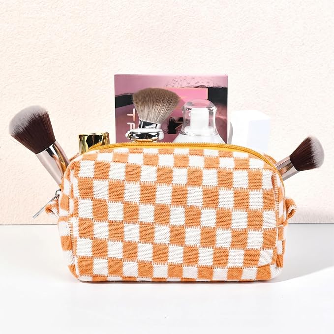 SOIDRAM 2 Pieces Makeup Bag Large Checkered Cosmetic Bag Capacity Canvas Mix Travel Toiletry Bag Organizer Cute Makeup Brushes Aesthetic Accessories Storage Bag for Women, Yellow checkered - Image 7