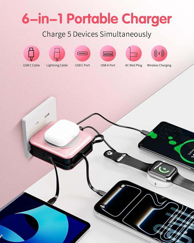 10000mAh for Magsafe Portable Charger Built-in Cables & AC Wall Plug,Pink | 6-in-1,PD 22.5W USB C Fast Charging,15W Magnetic Wireless Charging,Charge 5 devices at once,LED Display Travel Power Bank - Image 4