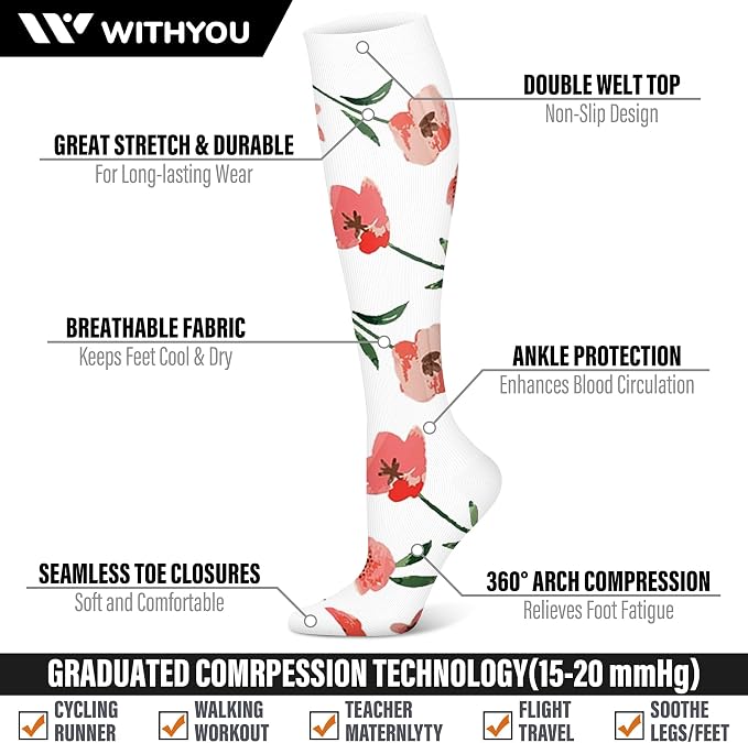 WITHYOU 3 Pairs Compression Socks for Women & Men 15-20 mmHg,Best Support for Nurses Running Hiking - Image 3