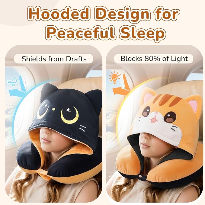 Mewaii Kids Travel Neck Pillow, Airplane Pillow with Hood, Orange | Memory Foam, Neck Support, Reversible, Adjustable Strap, Washable Cover, Cat Ear Hood, for Flights, Cars, Kids & Teens - Image 5