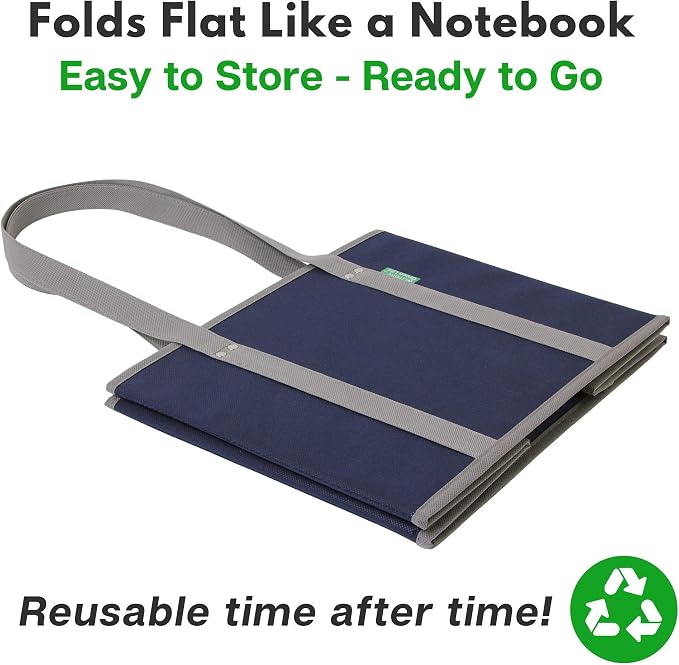 Reusable Grocery Bags (3 Pack) – Heavy Duty Reusable Shopping Bags with Box Shape to Stand Up, Stay Open, Fold Flat – Large Tote Bags are Foldable with Long Handles & Hard Bottom (Navy Blue) - Image 7