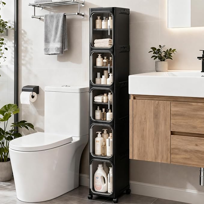 5-Tier Tall Narrow Slim Bathroom Storage Cabinet, Black | Tool Free Assembly, Adjustable Shelves, Fits for Narrow Spaces, Reinforced Stability, Magnetic Clear Door by Lifelongpal