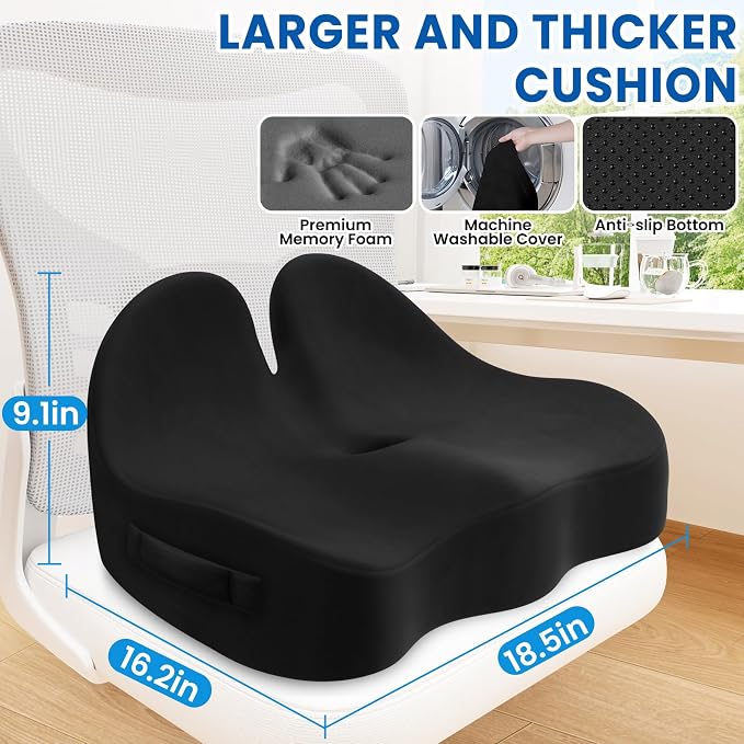 Seat Cushion, Chair Cushions, Memory Foam Office Chair Cushion | Hip & Sciatica & Tailbone Pain Relief, Long Sitting Comfort for Office Chairs/Desk Seats/Wheelchair (Large, Black) - Image 2