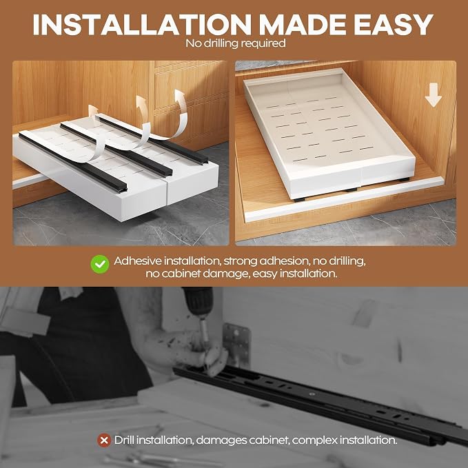Seinloes 4 Pack Expandable Pull Out Cabinet Organizer 21" Deep with Raising Pad for Framed Cabinets,Upgrade 3 Slide Rails Slide Out Drawers,Roll Out Shelves Adhesive,Adjustable Width 9"-14.1" White - Image 7