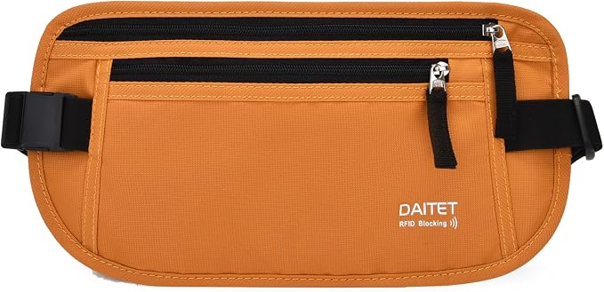 RFID Blocking Money Belt for Men Women, Slim Fanny Pack for Travel，Running,Conceal Waist Wallet for Passport Holder,Phone,Cash(Brown Orange) by DAITET