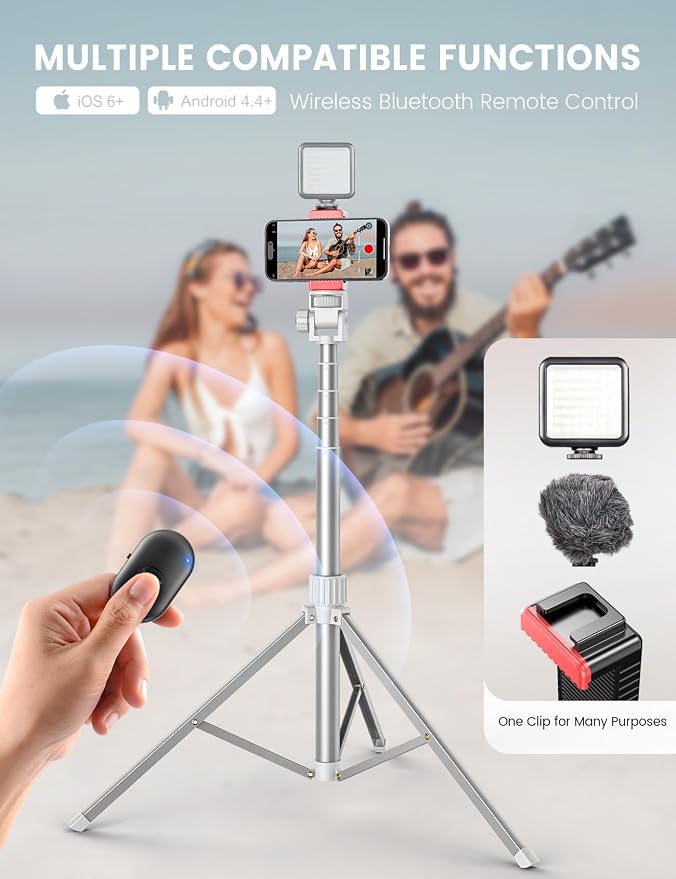 71'' Phone Tripod Stand, Extendable Reinforced Aluminum Phone Stand with Wireless Remote, Stable Cellphone Tripod Compatible with iPhone 14/13/12 Galaxy S23/S22 Huawei (White) - Image 4
