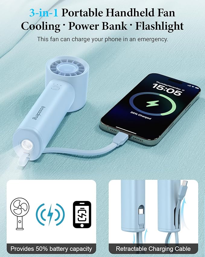 Portable Fan with Power Bank & Flashlight-Blue | 6.5H Max Cooling,USB-C Rechargeable,Mini Fan for Outdoor/Travel/Beach/Concerts/Summer.Gifts for Girl,Women. - Image 3