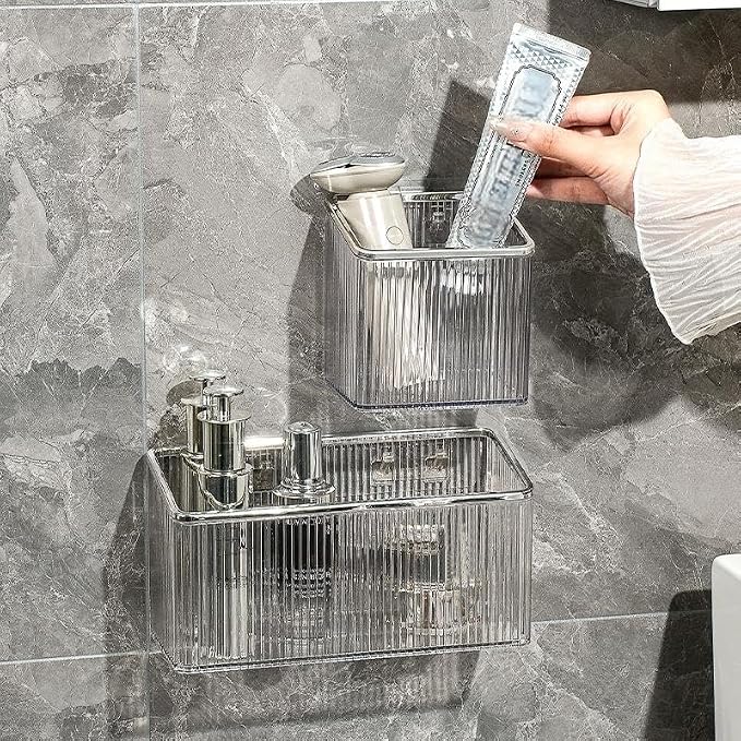 Drill-Free Stick-On Wall Shelves | Space-Saving Floating Organizer for Kitchen, Bathroom & Office | Plastic Storage Shelves for Makeup & Home Decor (Transparent_Silver) - Image 4